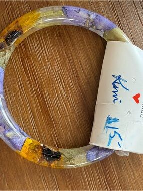 Handcrafted Resin Floral Bangle Bracelet - Purple & Yellow